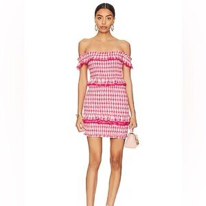 Tularosa Teri Pink Off-Shoulder Ruffle Dress in Pink Gingham - Small